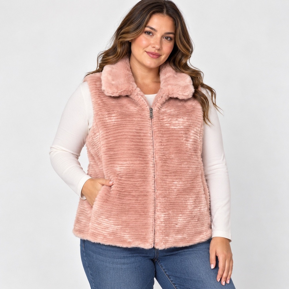 Liz Claiborne Faux Fur Vest Women XL Pink Ribbed Full Zip Pockets Plush Soft